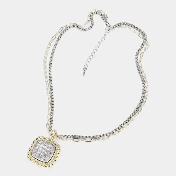 Stunning 14K Gold Plated CZ Stone Paved Square Pendant Necklace - Picture 1 of 4